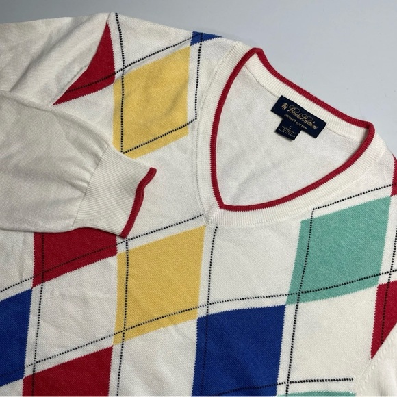 Mens Brooks Brothers White Multicolor Argyle Supima Cotton Sweater Large - Picture 3 of 5
